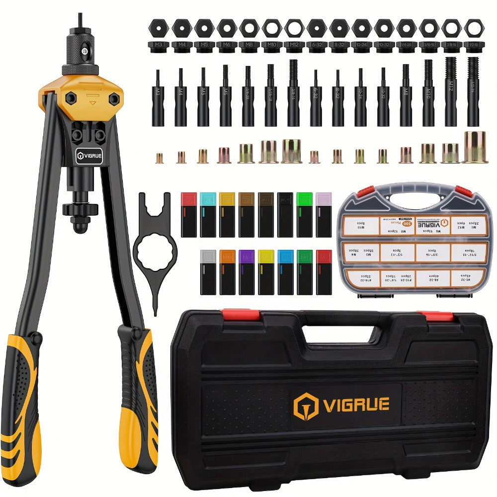 Rivet Nut Tool Kit 16-Inch – Hand Riveter Set with 15 Mandrels M3-M12 & 6-32 to 1/2-13, 300 Metric & SAE Rivet Nuts Included