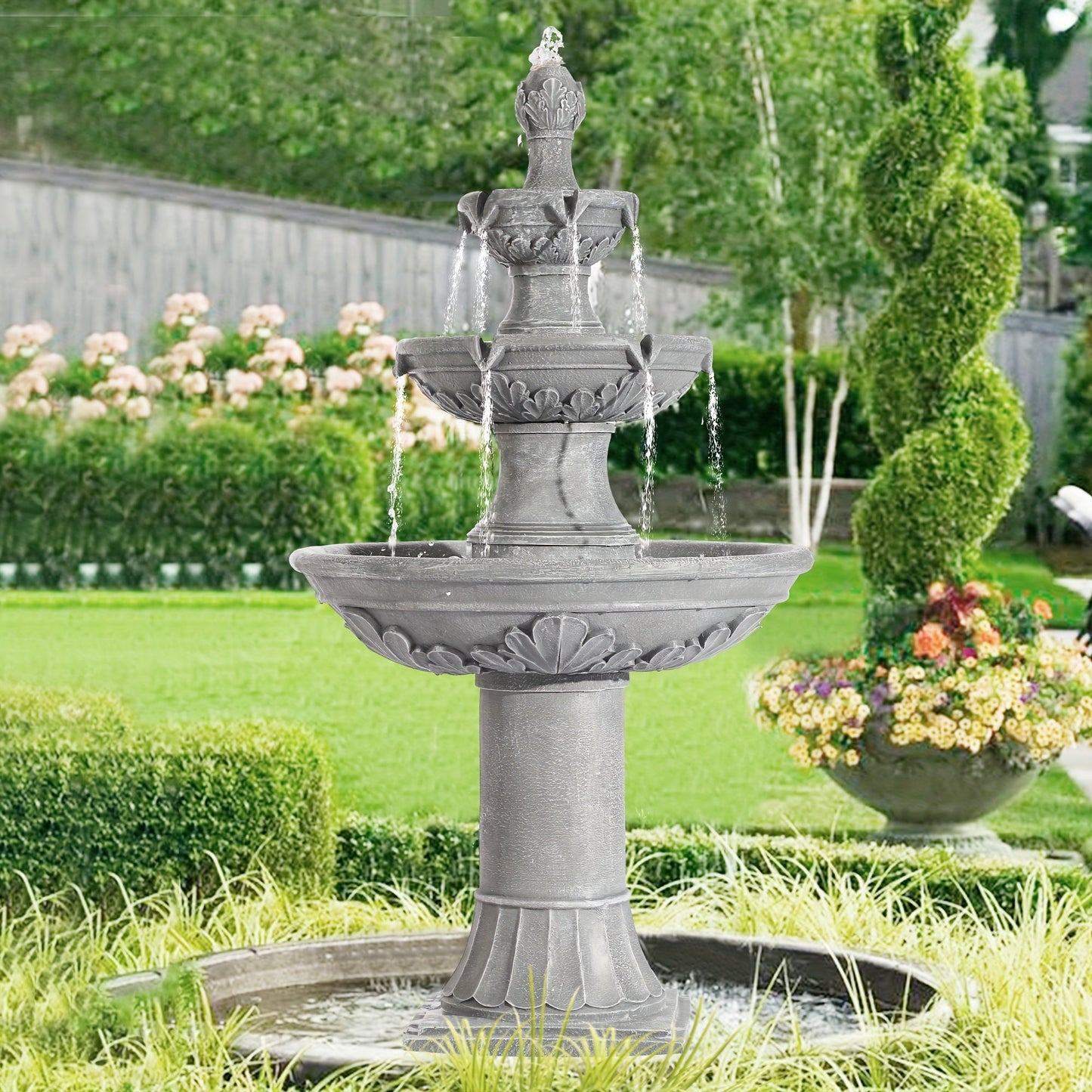 Outdoor Water Fountain 3-Tier 48.4" – Italian Cascading Garden Fountain with Carved Flowers, IPX5 Pump, Large Floor-Standing Resin Bubbler