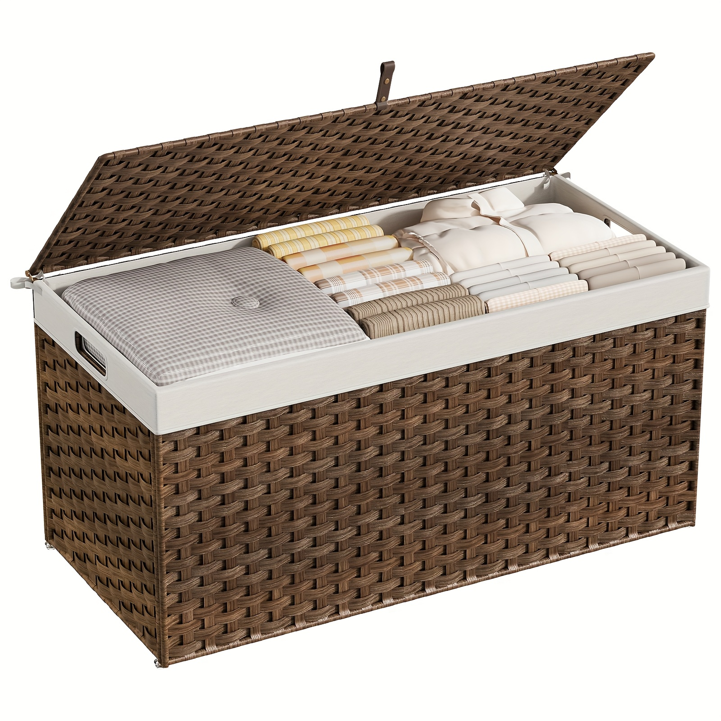Large Wicker Storage Basket with Lid, Handles, Soft Lining, Metal Frame in a 220L Lidded Format
