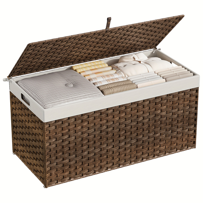Large Wicker Storage Basket with Lid, Handles, Soft Lining, Metal Frame in a 220L Lidded Format