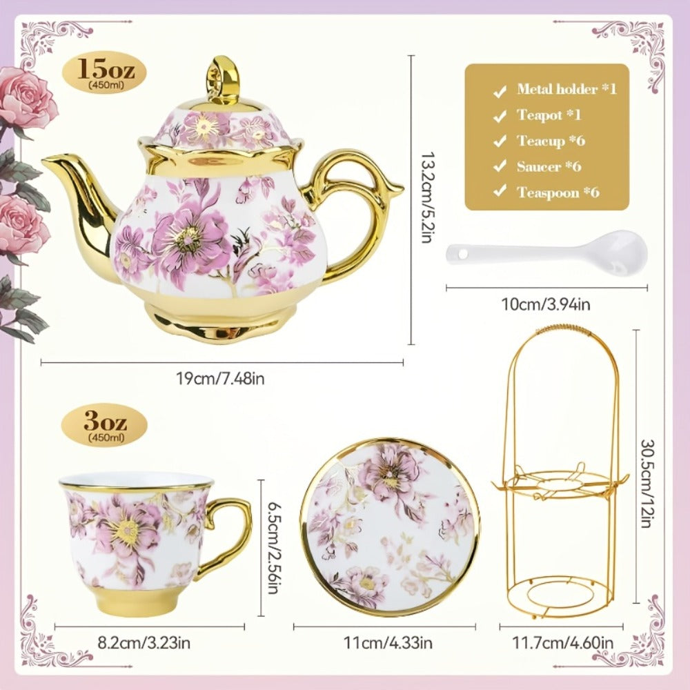 European Floral Ceramic Tea Set 20 Pcs – Italian Style Afternoon Tea Set with Metal Stand – Blooming Pattern Teapot & Cups