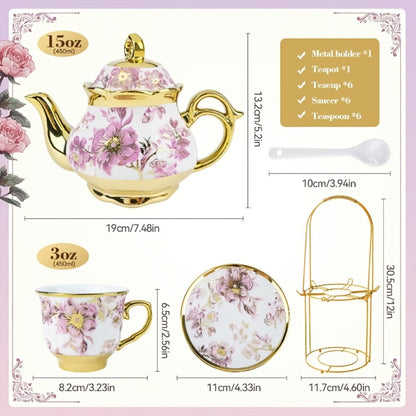 European Floral Ceramic Tea Set 20 Pcs – Italian Style Afternoon Tea Set with Metal Stand – Blooming Pattern Teapot & Cups