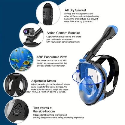 Full Face Snorkel Mask 180° Panoramic View Anti-Fog Anti-Leak Snorkeling Mask with Dry Top Breathing System and Removable Camera Mount