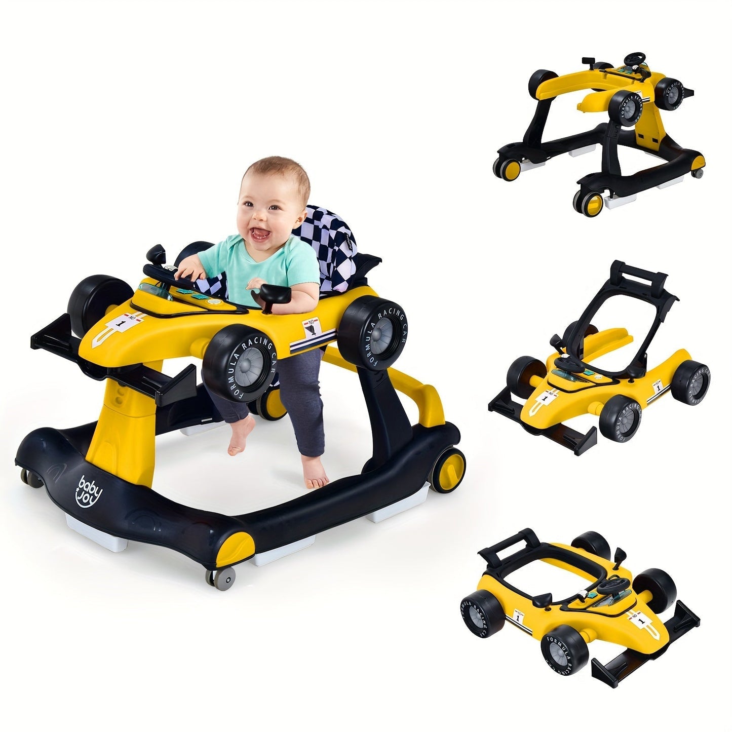 4-in-1 Foldable Baby Walker with Activity Toy Tray & Adjustable Height, Sit-to-Stand Push Walker for Infants & Toddlers