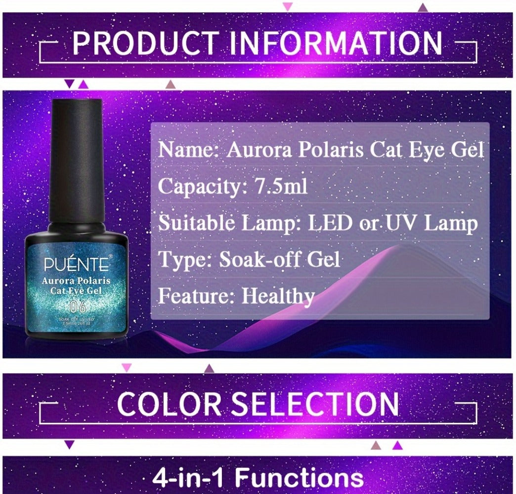 Gel Nail Polish 6-Piece 9D Aurora Magnetic Cat-Eye Set with Pearl-Shell Glitter Effect and UV/LED Soak-Off Cure