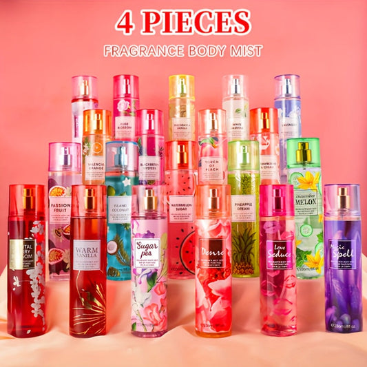 Body Spray for Women 4-Pack 8.4oz Each Hair Body Fragrance Mist Set 20 Floral Fruity Scents Daily Use Gift Value Bundle 250ml Per Bottle