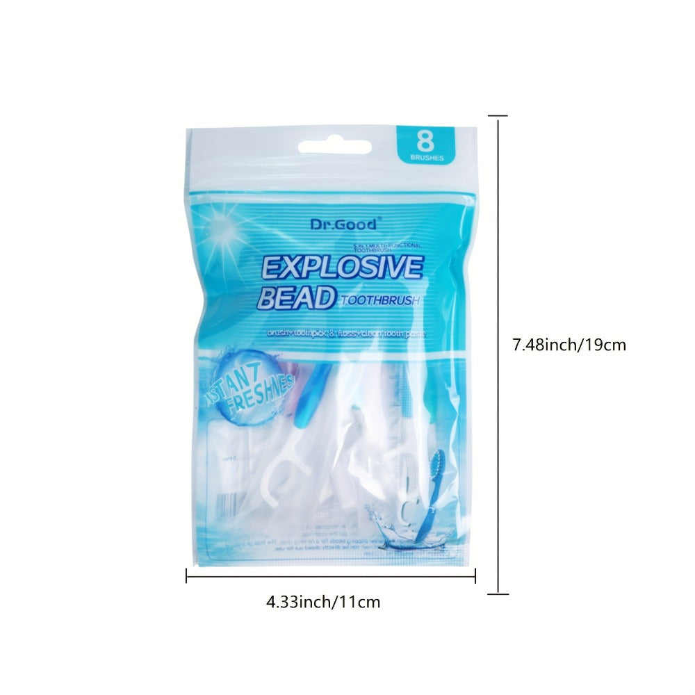 Travel Disposable Toothbrush 5-in-1, Pre-Applied Mint Toothpaste, Floss, Pick & Tongue Scraper, Soft Nylon