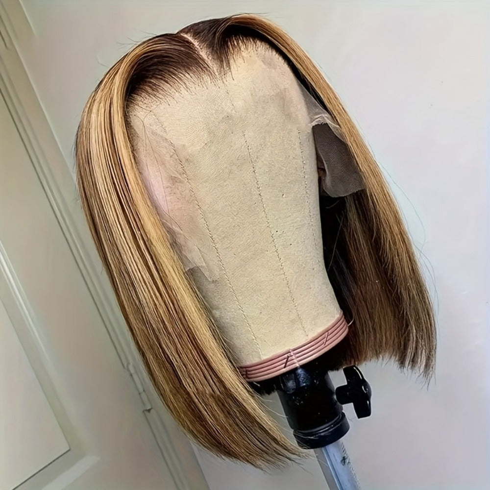 Lace Front Wig P4/27 Honey-Highlight Straight Bob, 8-14 Inch Human Hair with 5x1 Front and 180% Density
