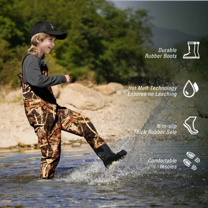 Kids Chest Waders Waterproof with Attached Boots – Youth Nylon Fishing & Hunting Waders, Cartoon Stripe Design, Lock Closure, Ages 4-13