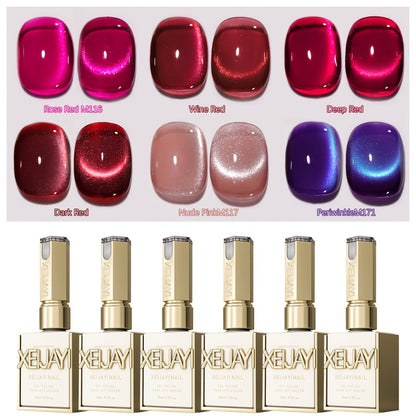 Gel Nail Polish 6-Color Berry Magnetic Cat-Eye Set in Frame Bottles with Plum-to-Magenta Shades