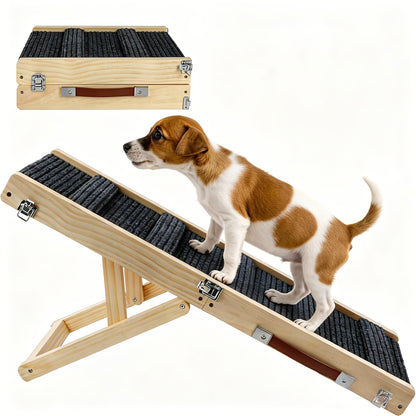 Foldable Dog Ramp for Couch & Bed – Adjustable Height 13–21 Inch, Non-Slip Pad & Wood Base, Portable Pet Stairs for Small Dogs