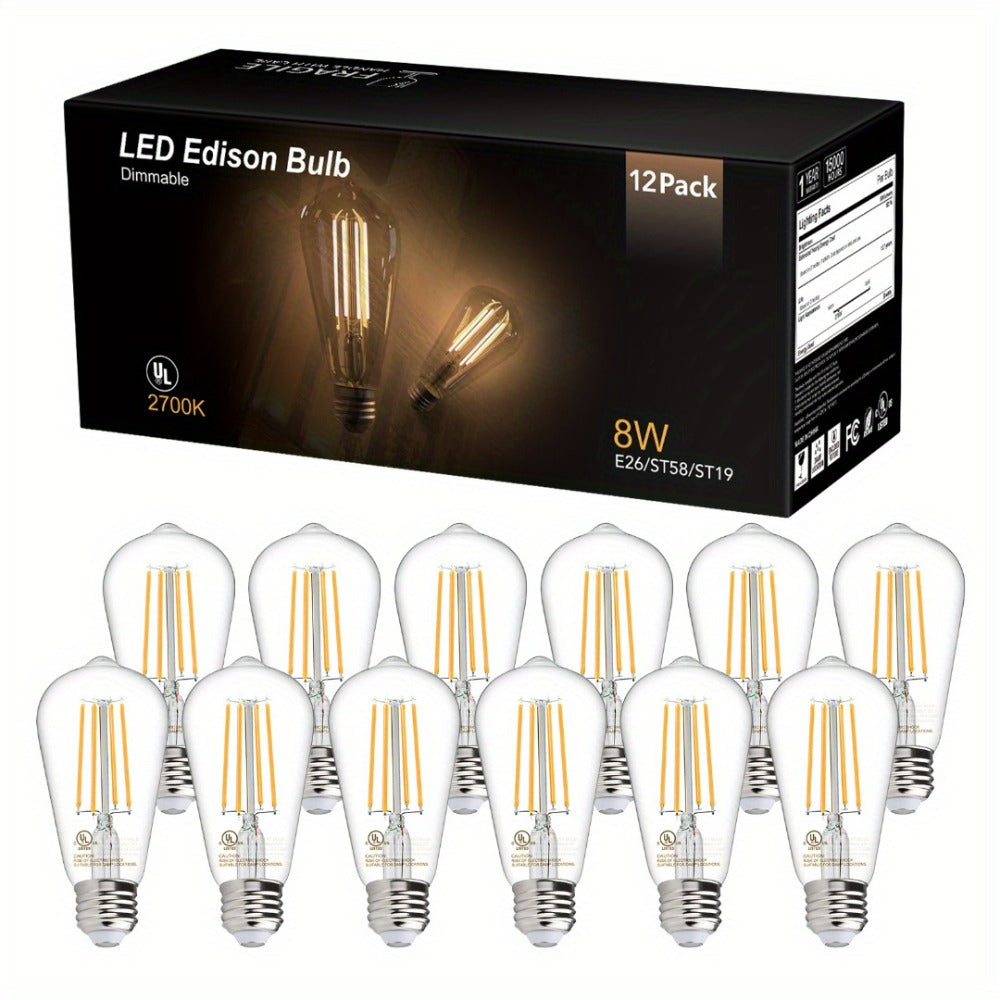 ST58 Vintage Edison LED Filament Bulb 8W 2700K Warm White Dimmable – 60W Equivalent E26 Base Clear Glass Antique Style for Chandelier