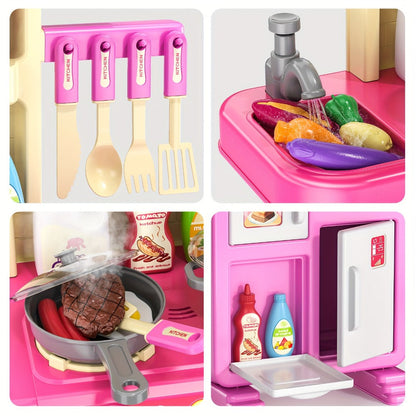Pretend Play Kitchen Playset with Lights & Sounds, Interactive Toy Kitchen Accessories for Toddlers Ages 3+