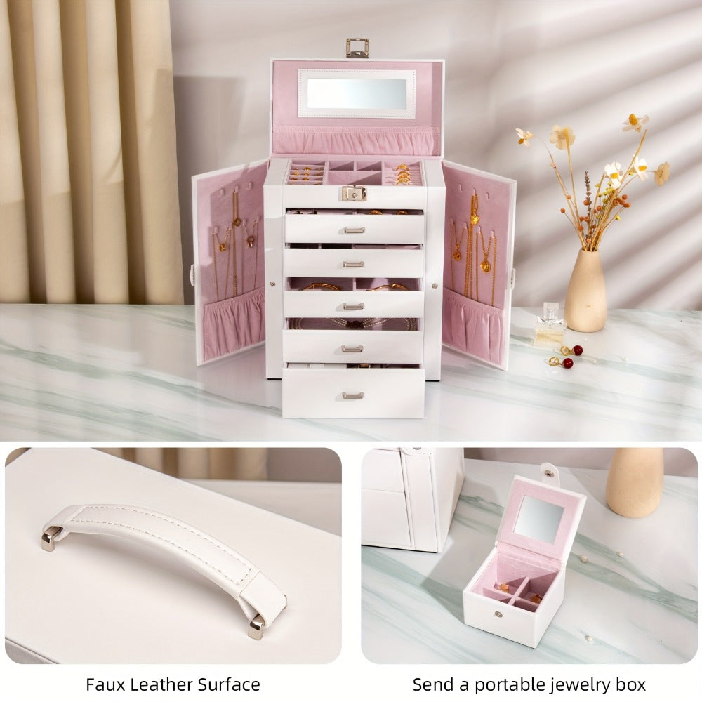 Jewelry Organizer 6-Tier Brown Storage Box with 5 Drawers, Built-In Mirror and Key-Lock Closure