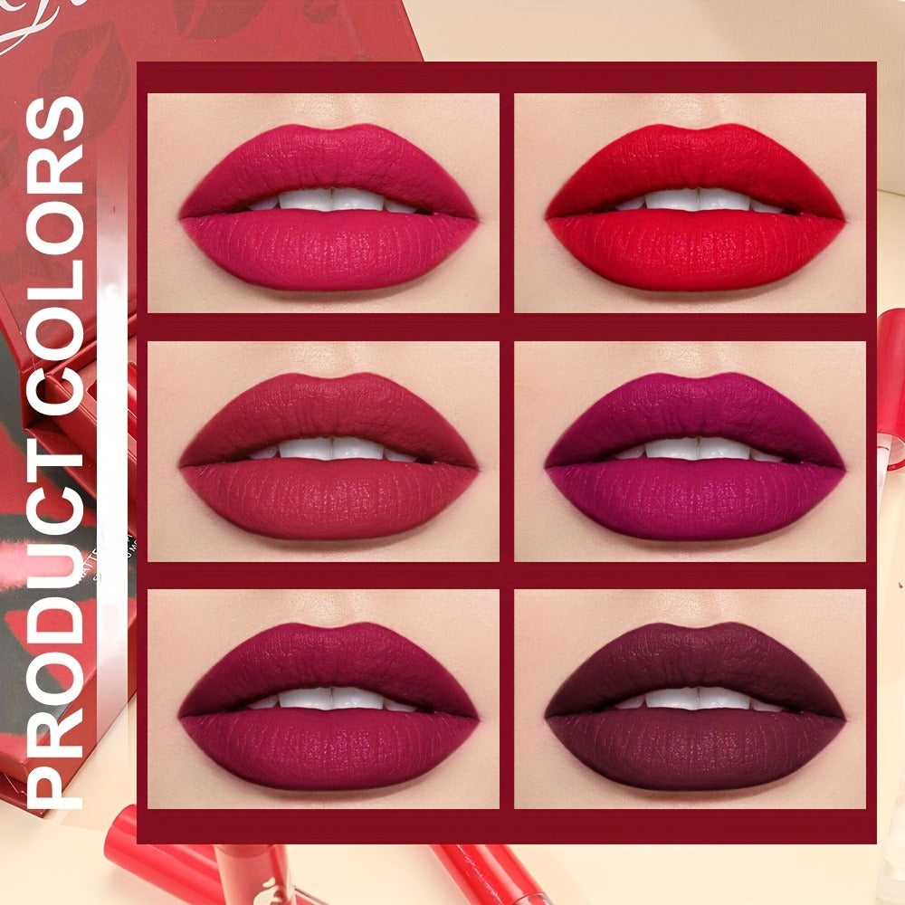 Red Lip Glaze Gift Set 6pcs in Elegant Box, Smudge-Proof Glazed Finish, Smooth Paste Formula
