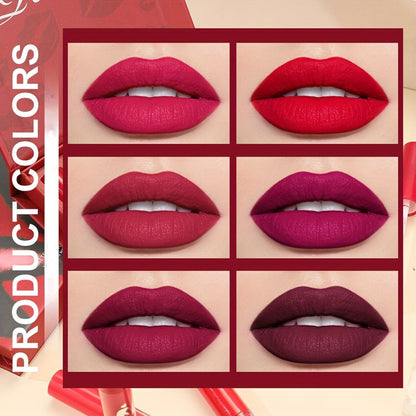 Red Lip Glaze Gift Set 6pcs in Elegant Box, Smudge-Proof Glazed Finish, Smooth Paste Formula