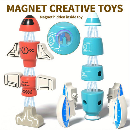 Magnetic Robot Building Toy for Kids Ages 3-5, 33-Piece STEM Stacking Playset with Storage Box, Rocket Robot & Monster Styles