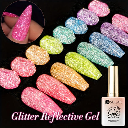 Gel Nail Polish UR SUGAR Reflective Glitter in 15ml with Fluorescent Neon Shimmer and UV/LED Soak-Off Cure