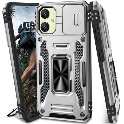 Samsung Galaxy Shockproof Magnetic Phone Case with 360° Rotating Ring Bracket & Sliding Lens Protector – Heavy Duty Cover for S24FE S23FE