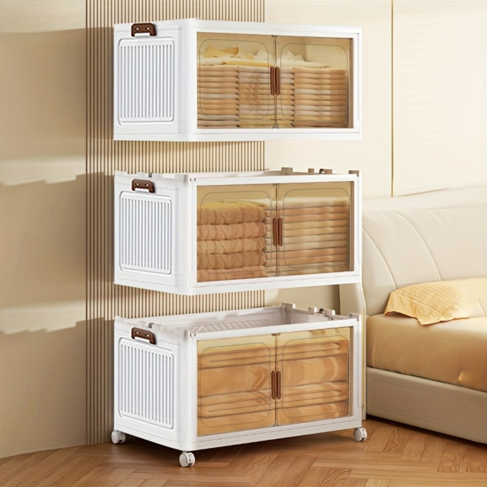 Foldable Storage Cabinet with Door, Multi-Layer Stackable Storage Box for Shoes, Clothes & Books