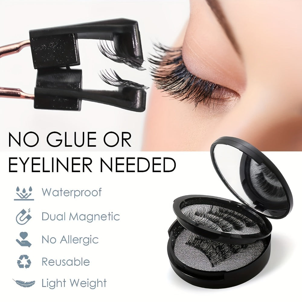 Waterproof 3D Magnetic Lashes 8Pcs Reusable Double Strip False Eyelashes Set with Clips & Glue – Natural Look for Women, Daily Wear