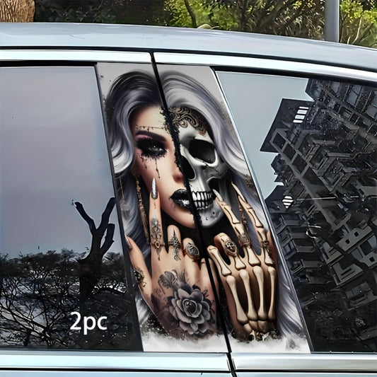 Two-Piece Car B-Pillar Decal Set with Split Skull Portrait Artwork, 48 × 25 cm Flat Sticker Pair