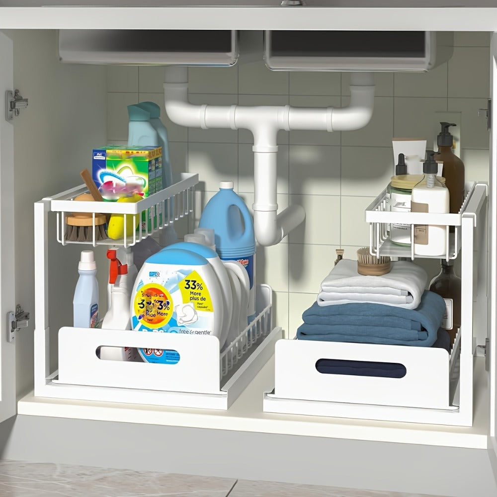 Under Sink Storage Organizer 2-Tier Sliding Metal Shelf in 1-Pack or 2-Pack, Black, White or Gray