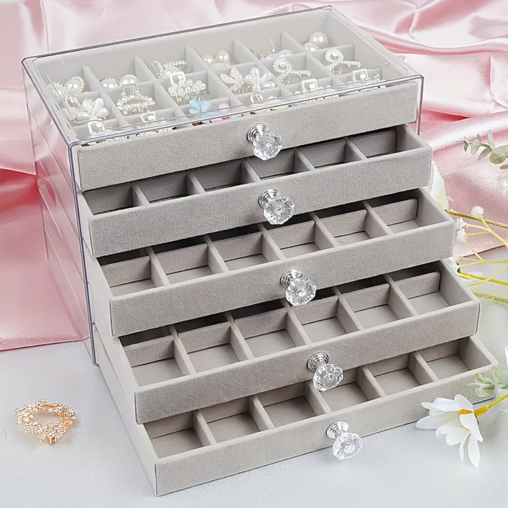 Jewelry Organizer 5-Tier 56-Grid Drawer Box in Gray or Beige for Rings, Earrings, Brooches and Hair Clips