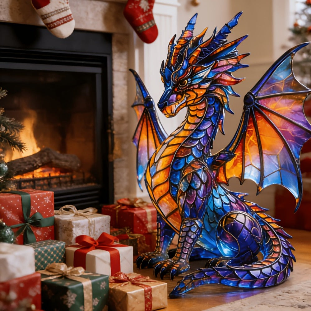 Dragon Sculpture with Light – Faux Stained Glass Resin Statue, Bohemian Accent Lamp, Fantasy Home Decor Figurine