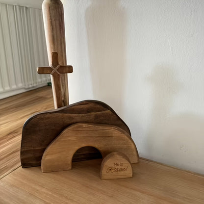 Easter Cross Decoration Wood He Is Risen Wooden Tomb Easter Resurrection Scene for Tray, Tabletop & Shelf
