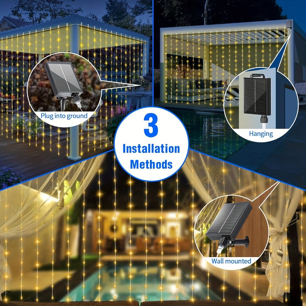 Solar Curtain Lights Outdoor 300 LED Waterfall Fairy String Lights with 8 Modes Remote for Entryways, Bedrooms and Living Spaces