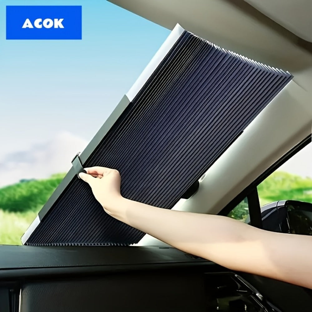 Retractable Windshield Sunshade Aluminum | Auto Fold UV Resistant Heat Insulation, Buckle Stick Install, Front Window Sun Shade Curtain