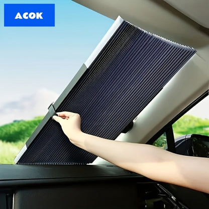 Retractable Windshield Sunshade Aluminum | Auto Fold UV Resistant Heat Insulation, Buckle Stick Install, Front Window Sun Shade Curtain