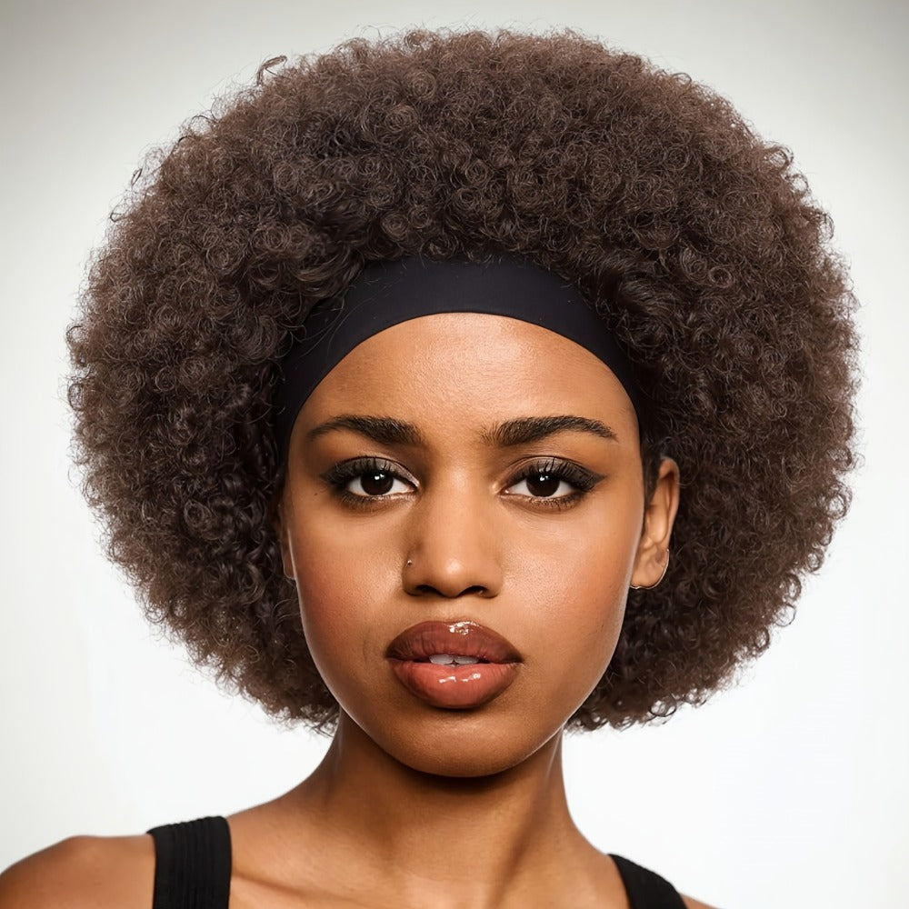 Afro Curly Headband Wig for Women Short Kinky Curly 180% Density – No Lace No Glue Synthetic Wig with Attached Headband, Heat Resistant