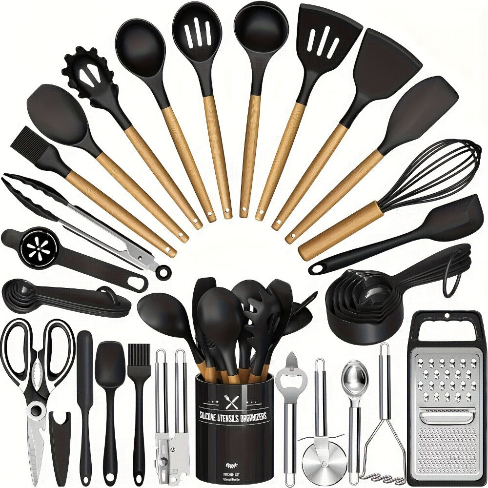 Silicone Kitchen Utensils Set 45pcs, Cooking Utensils for Nonstick Cookware, Stainless Steel Handle Spatulas