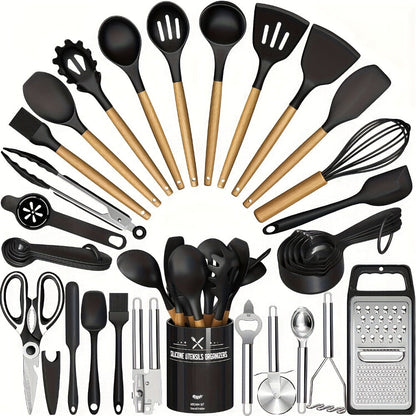 Silicone Kitchen Utensils Set 45pcs, Cooking Utensils for Nonstick Cookware, Stainless Steel Handle Spatulas
