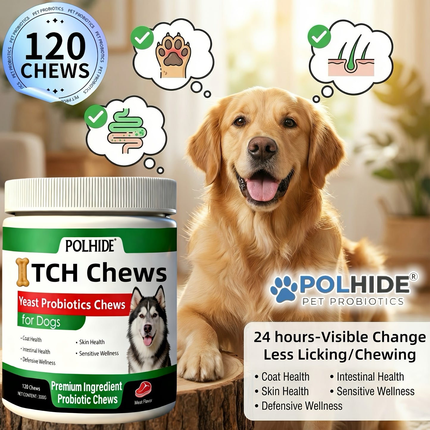 Dog Probiotic Chews 120 Count Heart-Shaped Soft Chews with Yeast & Meat Flavor | Supports Gut Health Coat & Immunity | All Breeds All Ages |