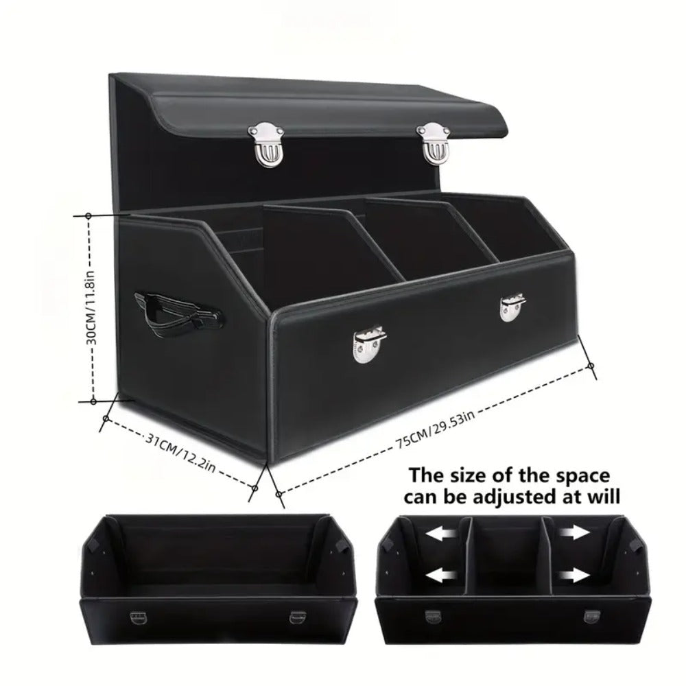 Car Trunk Organizer, Foldable PU Leather and Oxford Box with Adjustable Dividers in 12.15 Gallon or 32L Sizes