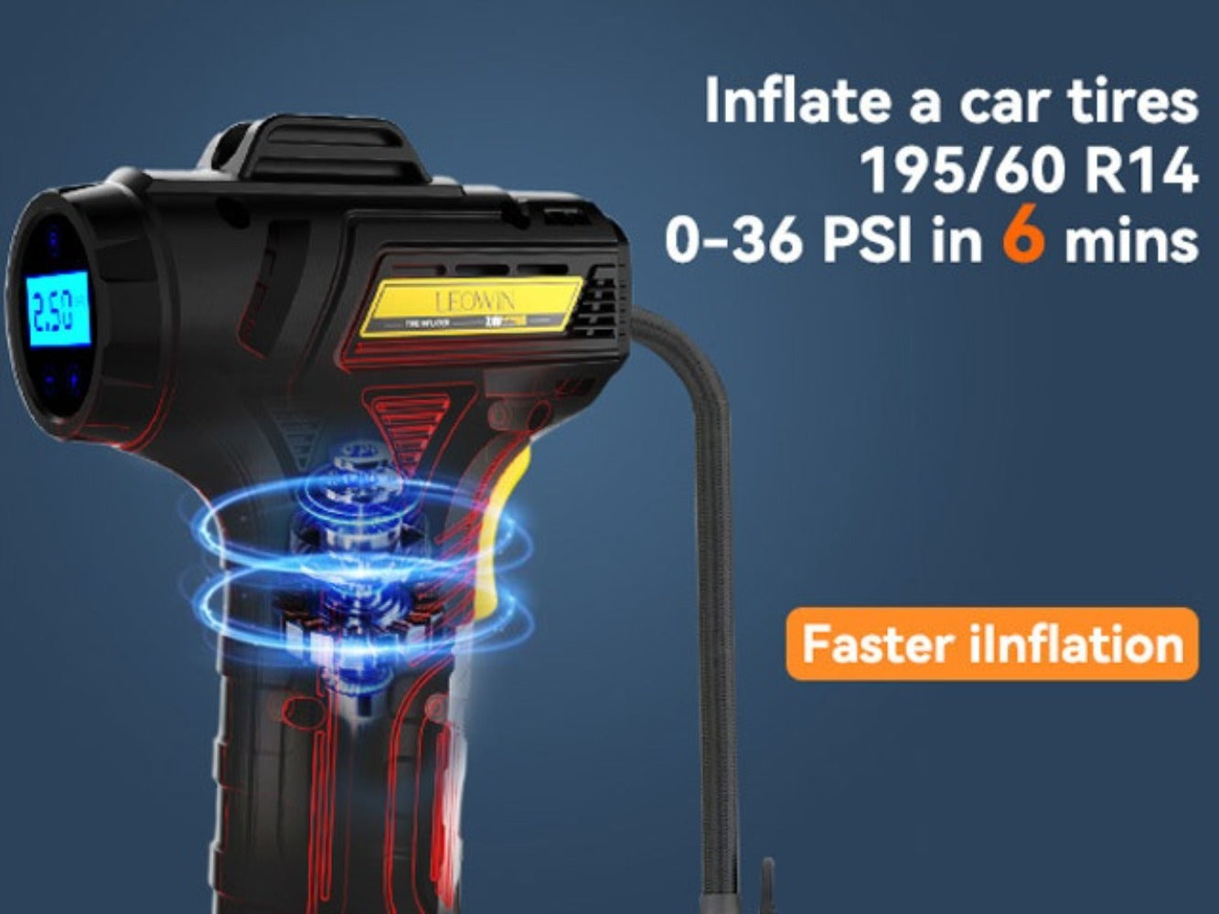 Portable Tire Inflator Air Compressor 150 PSI Cordless with Auto-Shutoff Digital Pressure Gauge LED Light Wireless USB Charging for Car