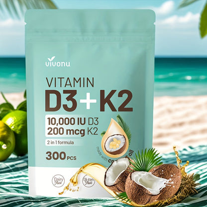 Vitamin D3 K2 Softgels with Coconut Oil, 2-in-1 Premium Bone, Heart & Immune Support Formula for Women & Men