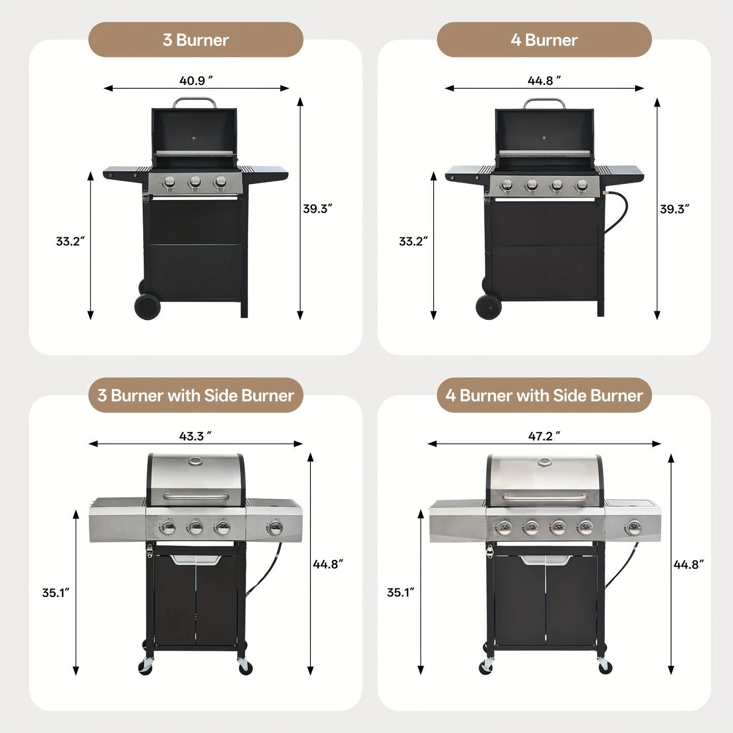 Propane Gas Grill Stainless Steel 3 & 4 Burner Outdoor BBQ Grill with Side Burner, Grill Cover & 344 Sq In Cooking Surface