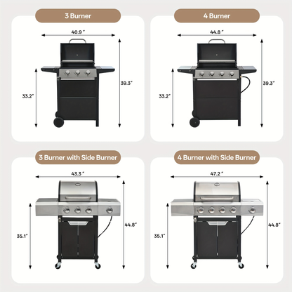 Propane Gas Grill Stainless Steel 3 & 4 Burner Outdoor BBQ Grill with Side Burner, Grill Cover & 344 Sq In Cooking Surface