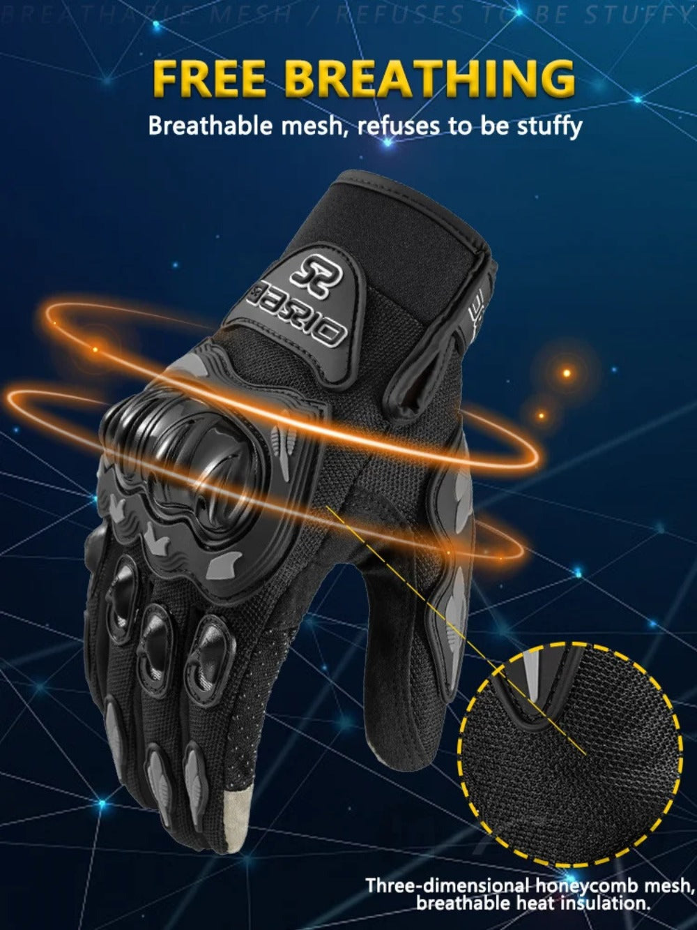 Full-Finger Motorcycle Gloves with Segmented Knuckle Shell, Wrist Tabs, Black or Red in M to XL