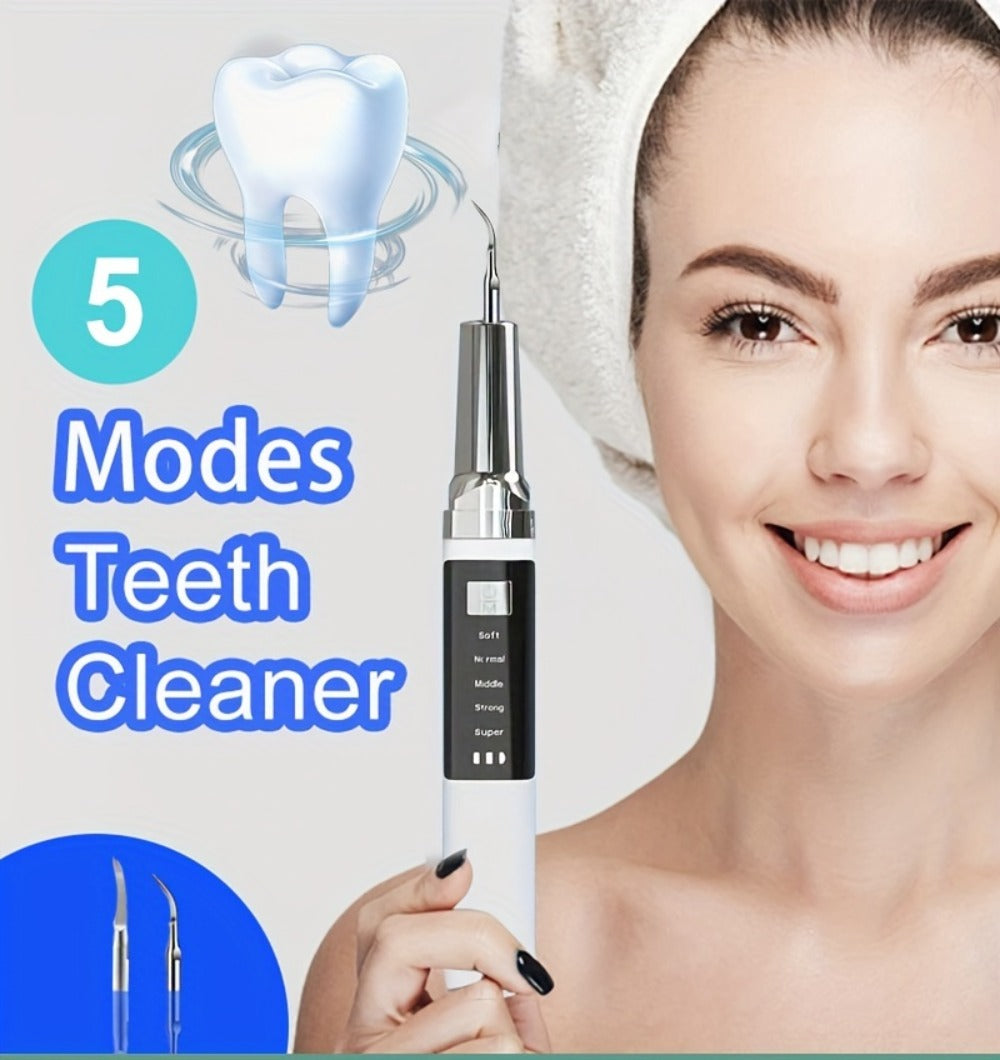 Electric Teeth Cleaner Kit with 2 LED Lights & Mirror, 5 Adjustable Modes, 2 Replaceable Heads
