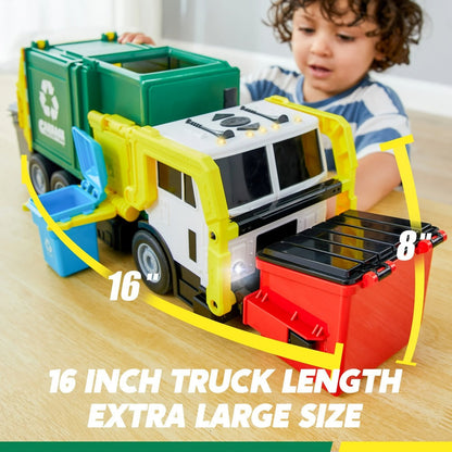 Garbage Truck Toy Set 16-Inch Large Friction-Powered with Lights & Sounds, Color-Coded Trash Bins