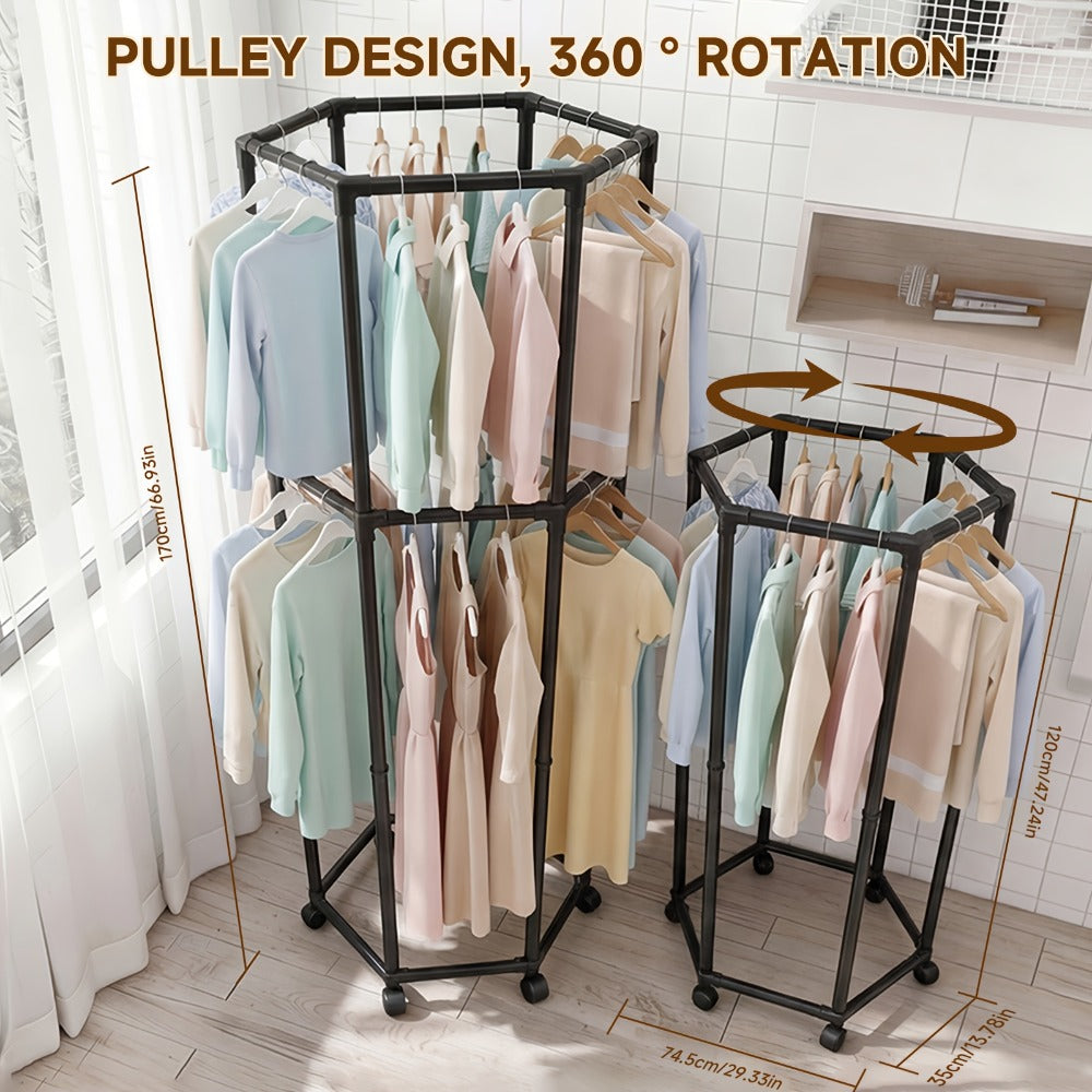 Rolling Hexagon Clothes Drying Rack 1 or 2 Layer, Sturdy Metal Floor Stand with Wheels, Multi-Bar & 10 Clips