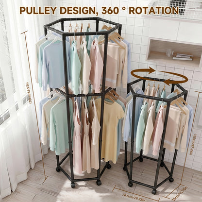 Rolling Hexagon Clothes Drying Rack 1 or 2 Layer, Sturdy Metal Floor Stand with Wheels, Multi-Bar & 10 Clips