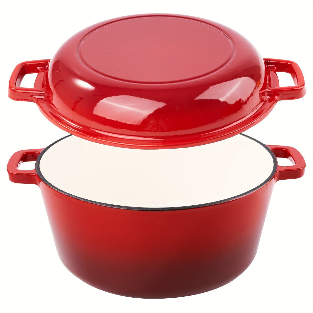6QT Enameled Cast Iron Dutch Oven with Reversible 2QT Skillet-Style Lid and Four Color Options
