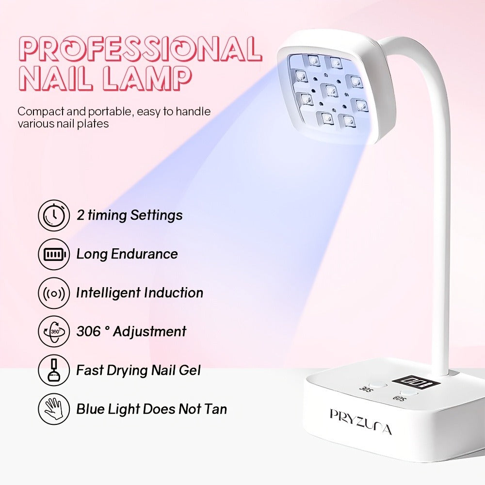 Gooseneck Stand LED Nail Lamp with Nine Dual-Light Beads, LCD Base, Two Timers and Type-C Charging