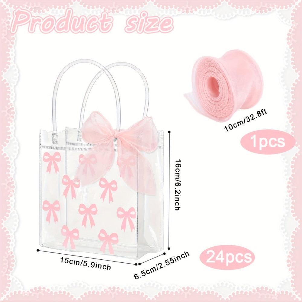 Tote Bags, Gift Bag Set Clear PVC, 24 Transparent with Pink Bow Handles and One 32.8-Foot Ribbon Roll